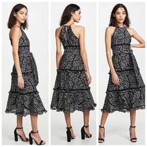 Black and grey floral lace midi dress with waist tie